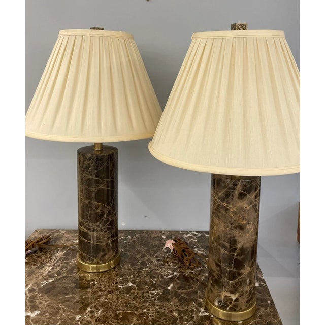 Pair of Modern Solid Marble Cylindrical Table Lamps, Brass Base, Single Bulb For Sale - Image 4 of 12