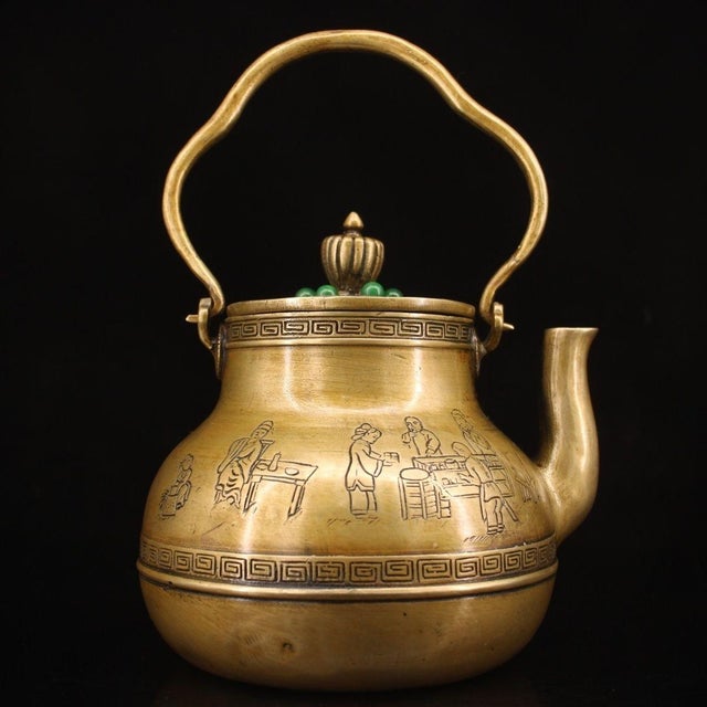 Art Deco Brass Teapot With Calligraphy and Gem Accents For Sale - Image 3 of 9