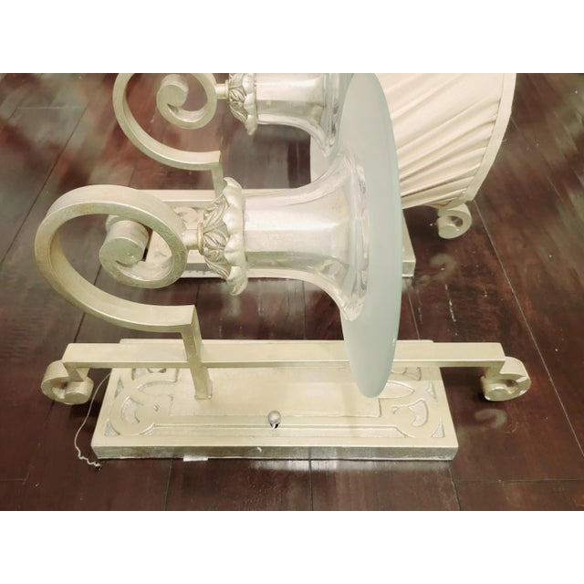 Hinkley Silver Leaf Pleated Cream Shade Glass Base Scroll Wall Sconce Lamps Lights- a Pair For Sale - Image 11 of 12