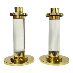 Pair of Lucite and Brass Column Candle Holders in the Style of Karl Springer