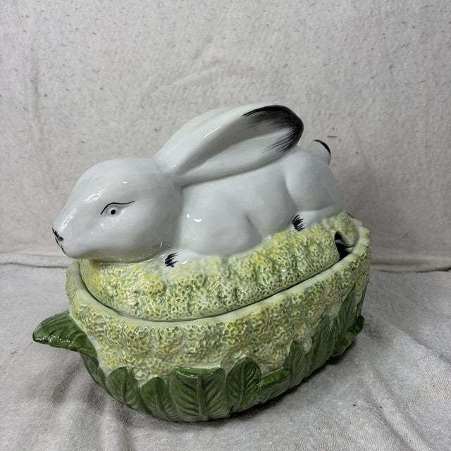 Mid-Century Modern Vintage Italian Majolica Rabbit on Cauliflower Easter Soup Tureen For Sale - Image 3 of 10