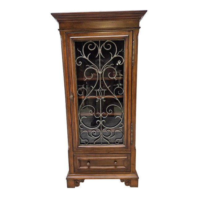 1990s Tuscany Wine Cabinet Glass Doors Wrought Iron Filigree For Sale