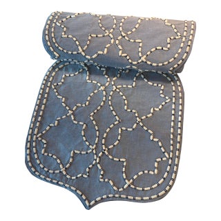 Chambray Blue Table Runner With Navy and White Embroidered Piping For Sale