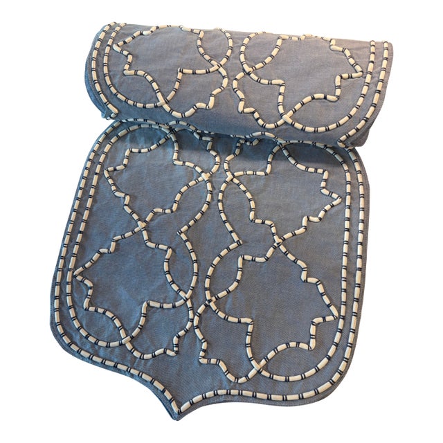 Chambray Blue Table Runner With Navy and White Embroidered Piping For Sale