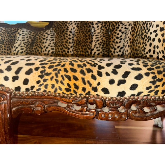 Late 20th Century Vintage Rococo Revival Leopard Chaise Lounge. Hand Carved Wood. Professionally Upholstered. Hand Carved Wood. Professionally Upholstered. For Sale - Image 5 of 10