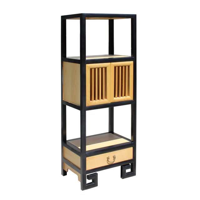 2010s Oriental Black Rim Natural Wood Narrow Storage Display Bookcase Cabinet For Sale - Image 5 of 8