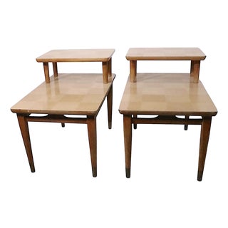 Pr. Mid Century Step End Tables With Marquetry For Sale