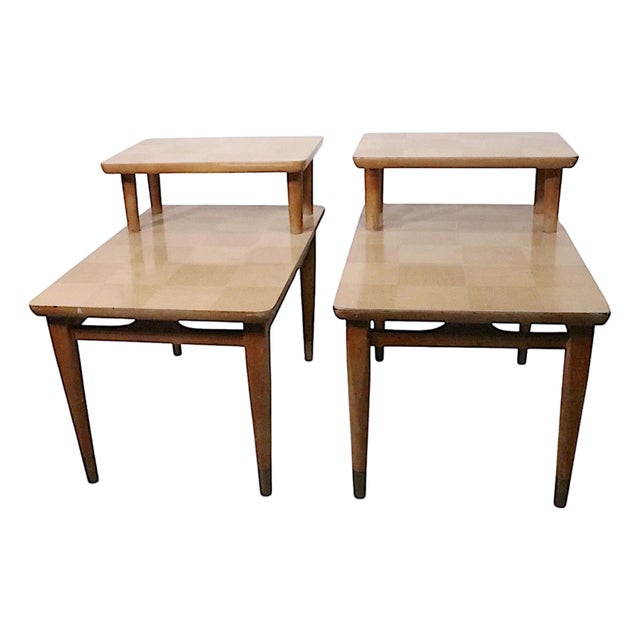 Pr. Mid Century Step End Tables With Marquetry For Sale