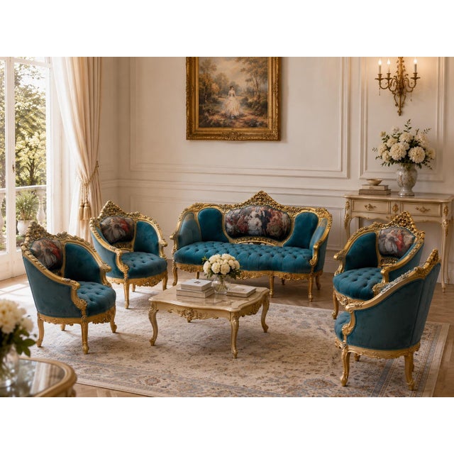 This exceptional early 1900s French Louis XVI–style seating suite is a rare coordinated five-piece ensemble consisting of...