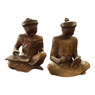 Vintage Chinoiserie Hand-Carved Soapstone Scholar Figurines With Abacus & Tablet, Set of 2 For Sale