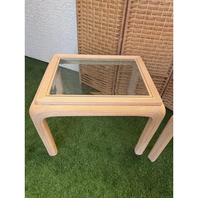 Pair of Vintage 1980s Rattan & Glass Waterfall End Tables – Mid Century Coastal Palm Beach Regency Tables For Sale - Image 4 of 10