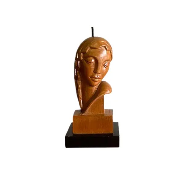 Wood Vintage Art Deco Hand Carved Lady Table Lamp For Sale - Image 7 of 12