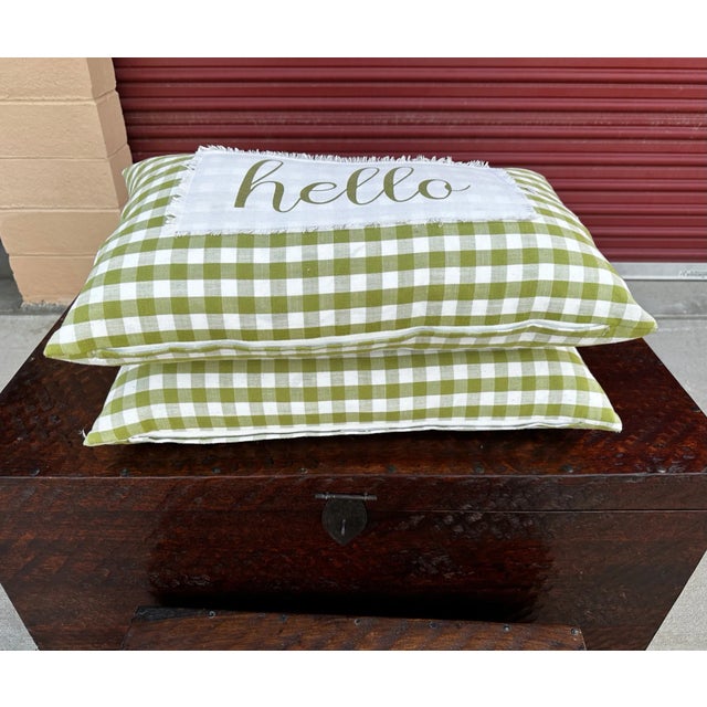 2020s Pair of Green Checked "Hello" Pillows For Sale - Image 5 of 7