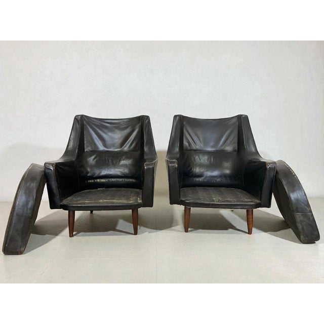 Black Leather Lounge Chairs attributed to Ib Kofod-Larsen, Denmark, 1960s, Set of 2 For Sale - Image 14 of 17