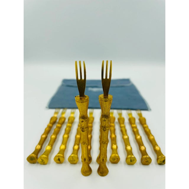 Metal Vintage Gold Tone Bamboo-Style Cocktail Forks From Buffums’ Dept. Store - Set of 12 For Sale - Image 7 of 11