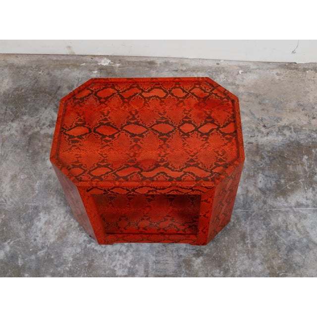 Late 20th Century Attributed Karl Springer 1970s Midcentury Octagonal Bar Cart With Red Snakeskin Finish For Sale - Image 5 of 11