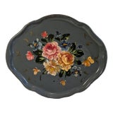 Vintage Mid Century Modern Hand Painted Scalloped Oval Teal Background Tole Ware Serving Tray For Sale