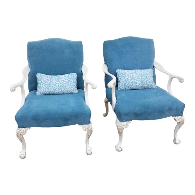 1920s Antique Tiffany Blue Upholstered Chairs - a Pair For Sale