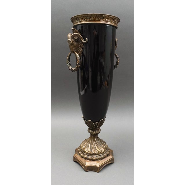 French Antique Neoclassical French Gilt Bronze Black Ebony Porcelain Ram Head Vase Urn For Sale - Image 3 of 10