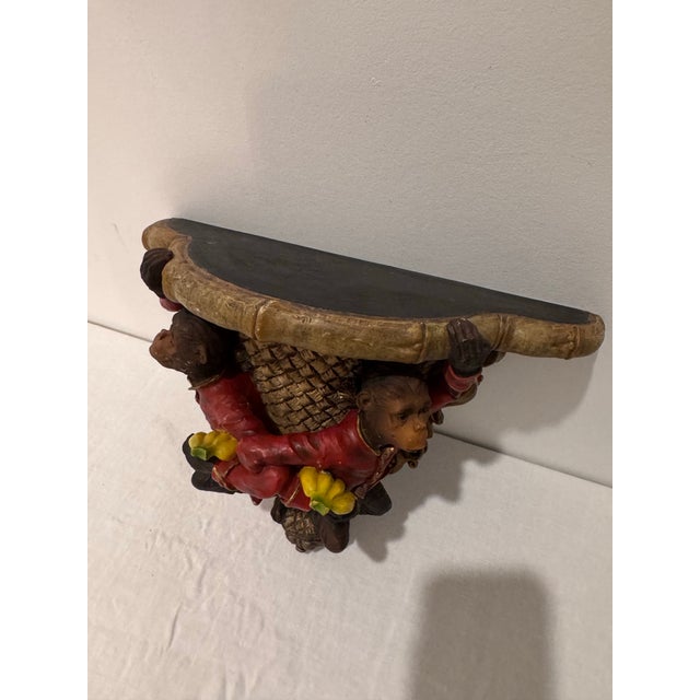 Hollywood Regency Late 20th Century Hollywood Regency Monkey Wall Shelf Whimsical Red Jacket Bracket With Bamboo Top For Sale - Image 3 of 9