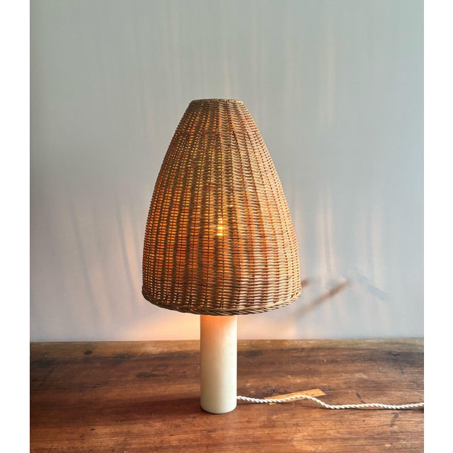 Beautiful, vintage alabaster table lamp, soft yellow/cream with a large off-white shade. Rewired. In a good vintage...