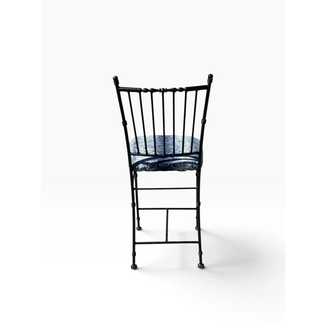 Metal Faux Bamboo Wrought Iron Counter Stool | Spindle Back & Blue Damask Seat | Sold Individually, 5 Available For Sale - Image 7 of 12