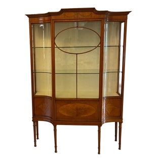 Antique Victorian Satinwood Inlaid Bow Front Display Cabinet, 1890 For Sale