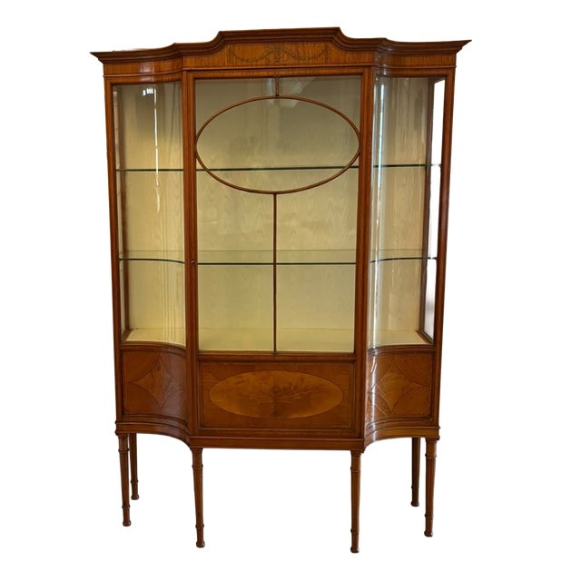 Antique Victorian Satinwood Inlaid Bow Front Display Cabinet, 1890 For Sale