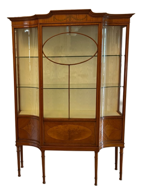 Antique Victorian Satinwood Inlaid Bow Front Display Cabinet, 1890