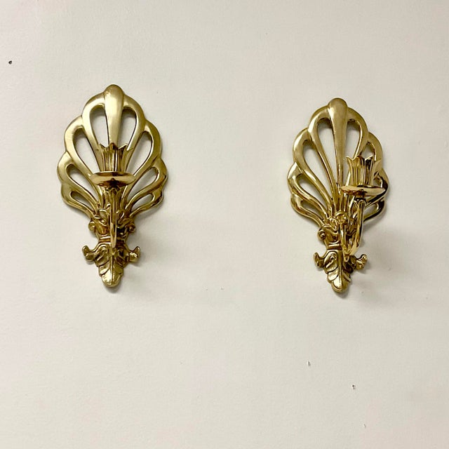Brass 1970s Vintage French Peacock Lacquered Brass Candleholder Wall Sconces - A Pair For Sale - Image 8 of 17