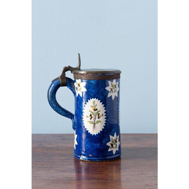 Antique Blue Floral Pewter-Mounted Beer Stein from Brussels Faience, 1800s For Sale - Image 5 of 12