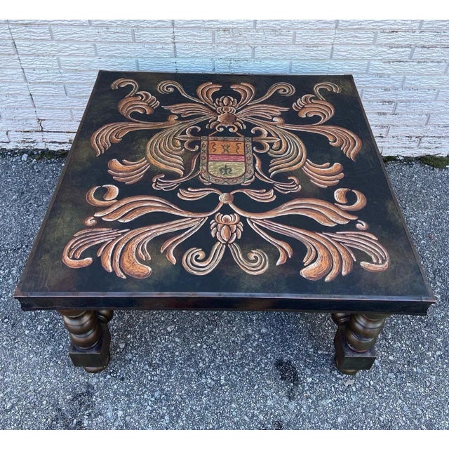 This is a beautiful and rare cocktail table or coffee table with ebonized turned wood legs and stretcher, beautiful...