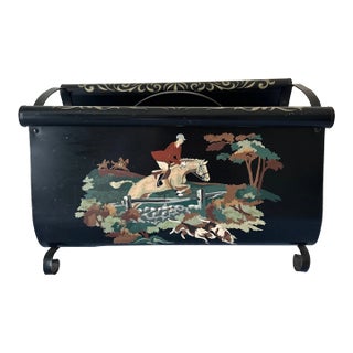 Late 20th Century Hand Painted Tole Equestrian Horse Magazine Rack Black Metal Vintage For Sale