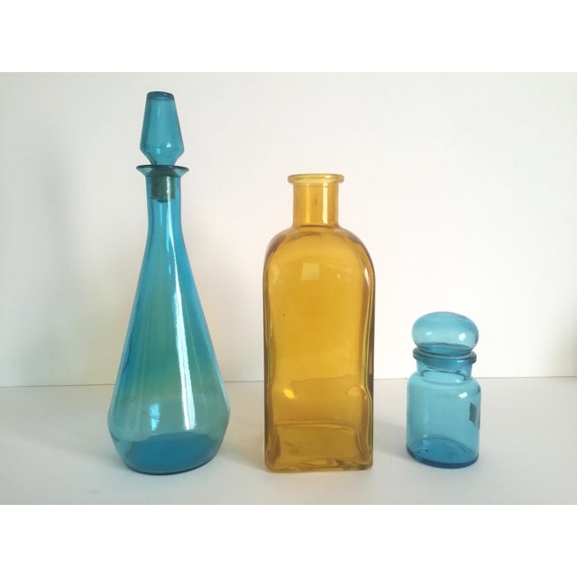 Vintage Mid Century Modern Aqua Blue & Yellow Glass Bottles Set of 3