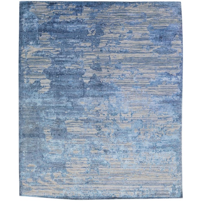 Textile 2010s Modern Abstract Wool & Silk Rug Handmade in Gray & Blue For Sale - Image 7 of 7