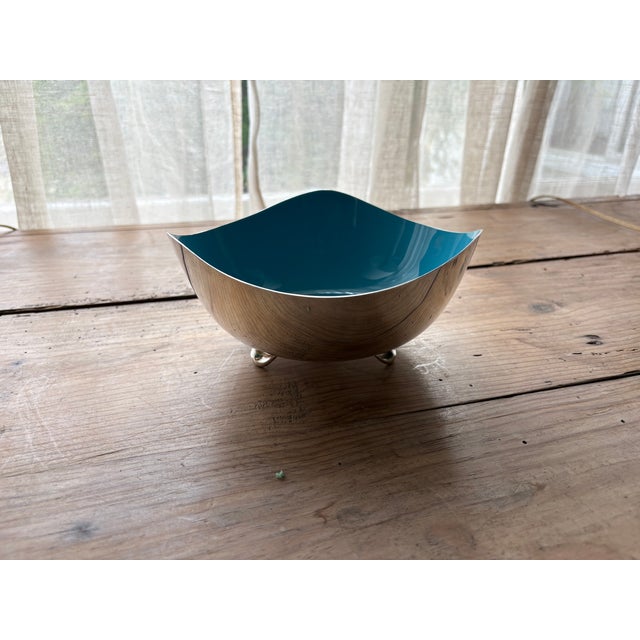 Vintage Heirloom Silver Plate & Turquoise Enamel Footed Bowl For Sale - Image 11 of 14