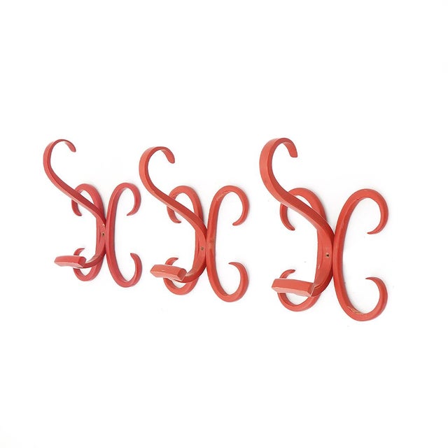 Mid-Century Modern Red Curved Wood Coat Hooks, 1960s, Set of 3 For Sale - Image 3 of 14