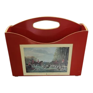 Vintage English Brooks Brothers Red Magazine Rack With Hunt Scene