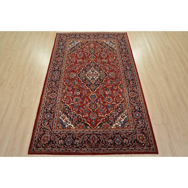Farmhouse Kashan Rug 4’7” X 7’1” Red Wool Vintage Traditional Hand-Knotted Carpet For Sale - Image 3 of 13