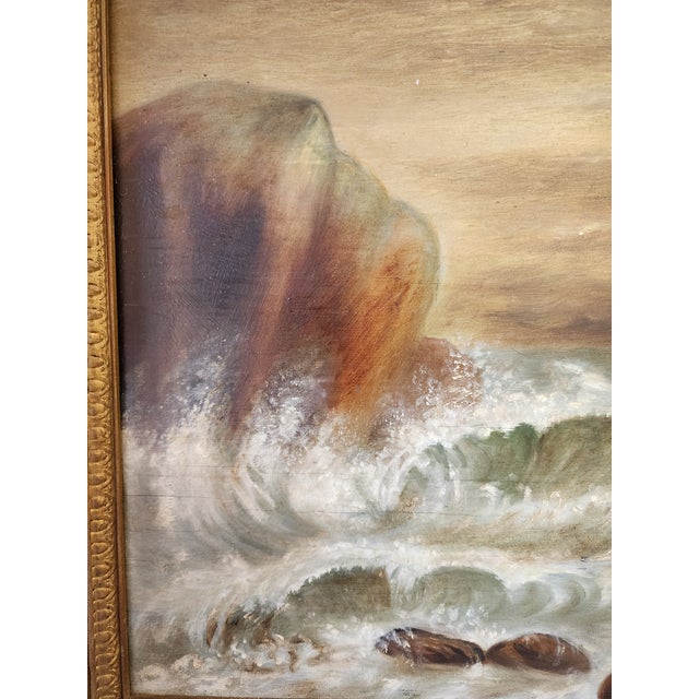 19th Century 19th Century Dramatic Seascape Painting in Antique Arts & Crafts Pyrography Frame For Sale - Image 5 of 18