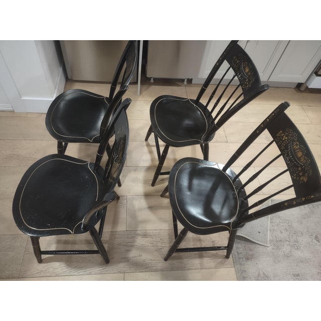 Mid 20th Century Vintage Nichols & Stone Ebonized Windsor Chairs (4pcs), Hand-Stenciled, Solid Wood For Sale - Image 5 of 15