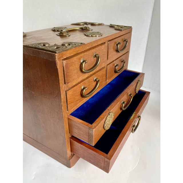 Vintage Japanese Tansu Wood & Brass Six-Drawer Jewelry Chest For Sale - Image 11 of 12