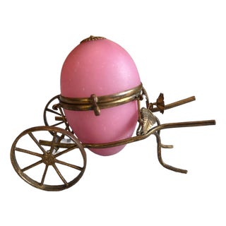 Antique French Pink Opaline Egg Casket in Ornate Brass Carriage For Sale