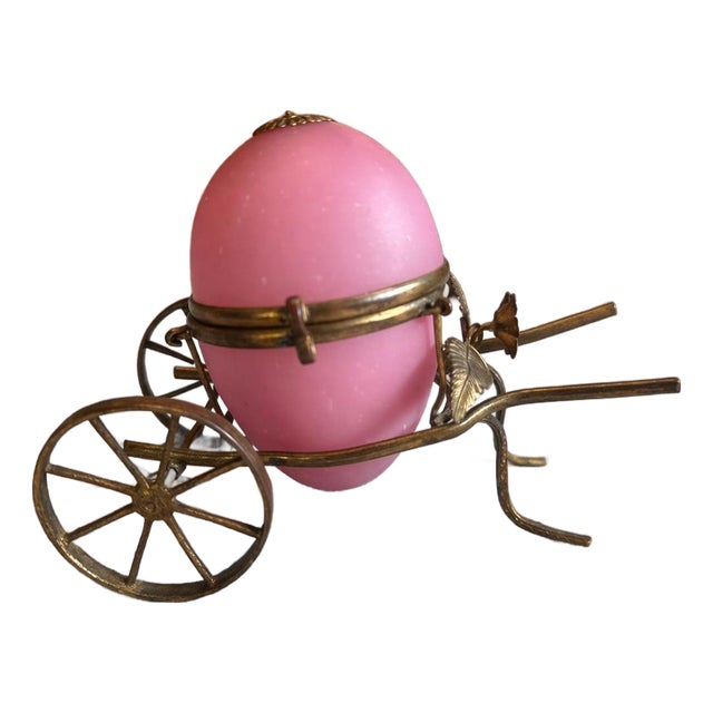 Antique French Pink Opaline Egg Casket in Ornate Brass Carriage For Sale