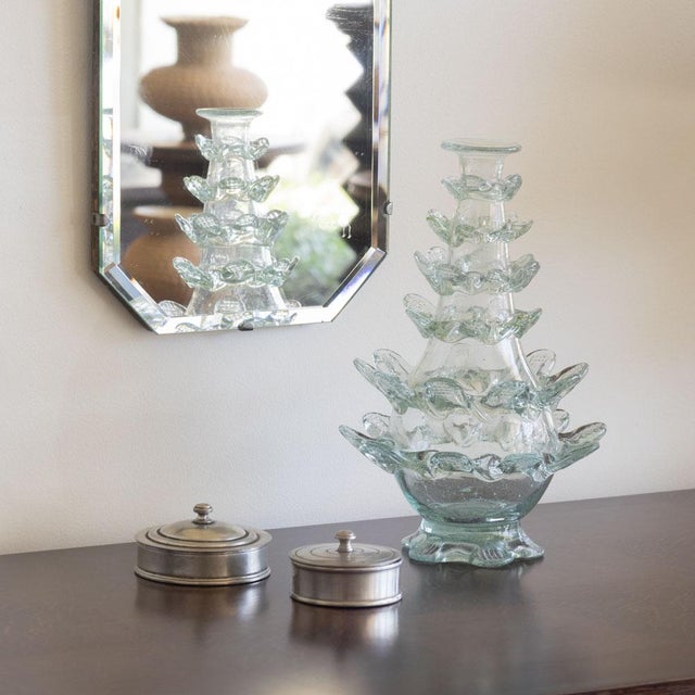 Stunning hand blown glass bud vase from Spain, 1930s. Beautiful clear scalloped glass with beaker shape body on a glass...