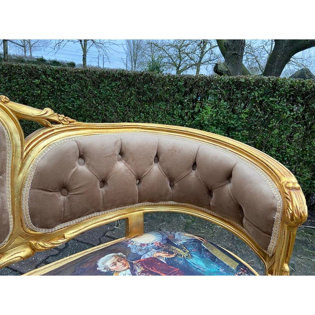 Wood 1970s French Louis XVI Gold Beech Brown Velvet Settee 1pc For Sale - Image 7 of 14