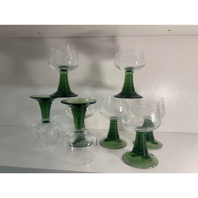 1970s German Crystal Roemer Glasses With Beautiful Beehive Green Stems - Set of 8 For Sale - Image 9 of 11