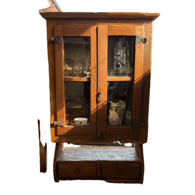 antique wooden hanging display cabinet with glass doors and drawers height 110 cm width 68 cm depth 28 cm This piece is...