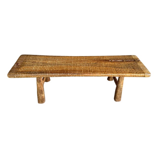 Andrianna Shamaris Impressive Hand Carved Natural Teak Wood Bench For Sale