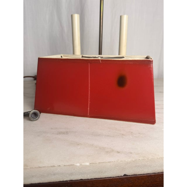 Vintage 2-Light French Bouillotte Style Table Lamp With Red Shade, Antique Brass & Wood Desk Lamp For Sale - Image 10 of 17